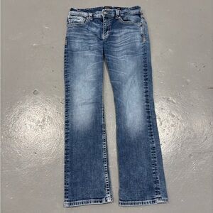 Buckle Black Men’s Jeans 34x32 Fit No 9 Bootleg Dark Wash Embroidered